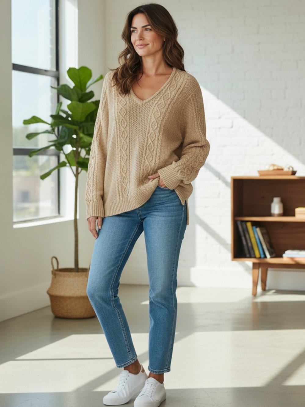 JEANNE PIERRE Beige Cable Knit V-Neck Sweater